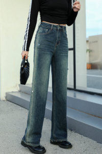 Denim personnalisé Denim en <span class=keywords><strong>cuir</strong></span> avec bouton de forage repassé Pantalons décontractés pour femmes Jeans en denim OEM Spandex style Craft tissu Fly fermeture éclair à la taille - Product Image 4