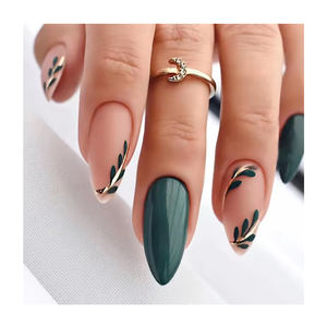 Nuevo Color verde hecho a mano estilo francés acrílico <span class=keywords><strong>uñas</strong></span> postizas con patrones de hojas Prensa en <span class=keywords><strong>uñas</strong></span> artificiales para mujeres - Product Image 1