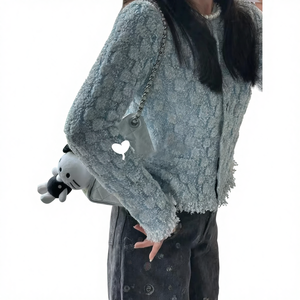 <span class=keywords><strong>Cardigan</strong></span> Lavorato a Maglia da <span class=keywords><strong>Donna</strong></span> Autunno Inverno 2025, Stile di Alta Gamma con Lavorazione Elaborata, <span class=keywords><strong>Blu</strong></span> Argento con Filo Lucido e Nappine, Monopetto - Product Image 1