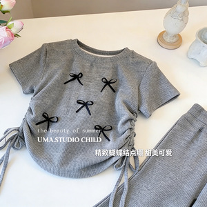 Conjunto de Verano 2026 para Niñas, Moderno, con Lazo - Pantalones Cortos Acampanados - Conjunto de Dos Piezas, Top de Manga Corta Dulce y Lindo - Product Image 4