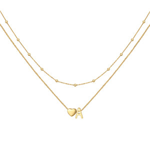 Collar minimalista con colgante de corazón de acero inoxidable con letra A, cuentas de doble capa, joyería de regalo para uso diario - Product Image 1