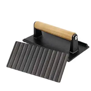 Rechteck Hochleistungs-Gusseisen Smash Bacon Press Fleischs teak mit Holzgriff für Griddle Sandwich Antihaft Pan Burger Masher