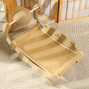 3 In 1 Kat <span class=keywords><strong>Lounge</strong></span> Houten Kat Mini Strandstoel Met Krabber Speelgoed Bal Wasbaar Verhoogde Kat Hangmat Bed - Product Image 1