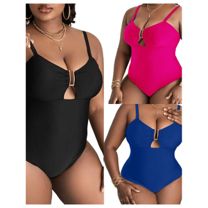 STOCK 3Colors Solid Women <strong>Bandeau</strong> Thongs <strong>Tankini</strong> 1 Piece Plus Size Swimwear Spandex/Nylon Waist Drawstring S-XL - Product Image 1