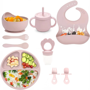 Juego de Vajilla de Silicona para Bebés Recién Nacidos, con Plato, Tazón, Babero, Cuchara de Entrenamiento, Vaso Antiderrames, Plato con Ventosa, Diseño de Dibujos Animados, Apto para Lavavajillas - Product Image 1