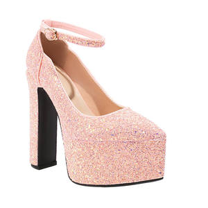 Elegant Lady Shiny <b>Sequins</b> High Platform Chunky Heel Pumps Women Glitter <b>Red</b> Pointed Toe Ankle Strap Super High Heeled Sandals - Product Image 1