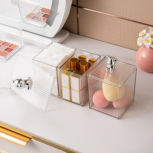 Clear Acrylic <b>Makeup</b> Organizer <b>Box</b> With Bear Knob Lid Storage Container For Cosmetics And Beauty Tools Desktop Vanity Organizer - Product Image 1