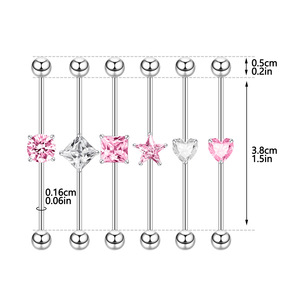 1pc Punk Acier Chirurgical Barbell Long Stud Boucles d'oreilles Coeur Étoile Carré Zircon Rose Blanc CZ 38mm <span class=keywords><strong>Oreille</strong></span> <span class=keywords><strong>Piercing</strong></span> <span class=keywords><strong>Industriel</strong></span> - Product Image 3