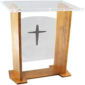 Acrylic Church Podium Pulpit Debate Conference Lectern Lucite Wood Holder on Wheels with Prayer Hand and Cross Plaque