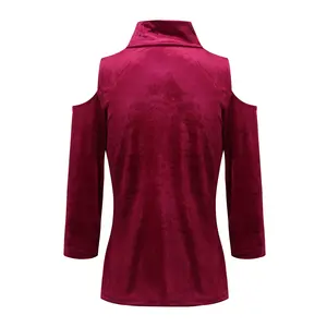 Custom Burgundy Vintage Cold Shoulder Sleeve Velvet Blouse Tops For Women Elegant Sexy