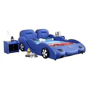 Juegos de muebles de dormitorio modernos para niños, cama de coche azul de lujo para niños, camas de cuero, coche de carreras para bebés, venta al por mayor de fábrica