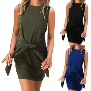 Foreign trade hot sale new women's clothing Europe and the United States round neck band wide loose sleeveless split dress