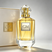 Vente en gros de flacons de parfum en verre de haute qualité, design simple, forme ronde et rectangulaire, 30 ml, 50 ml, 100 ml, avec bouchon doré et boîte.