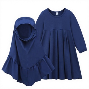 Robe Abaya Modeste à Manches Longues pour Femme avec Hijab, Couleur Unie, Ourlet Plissé, Col Rond, Coton, Usage Quotidien, Style Moyen-Orient - Product Image 3
