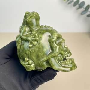Calaveras de <span class=keywords><strong>Jade</strong></span> <span class=keywords><strong>Verde</strong></span> al por Mayor, Talladas a Mano, Diseño de Rana y Racimo de Cuarzo, Calaveras de Cristal Curativo para Decoración y Regalo - Product Image 2
