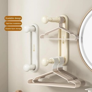 Wall Mounted Hanger <b>Storage</b> Rack No Drilling Adhesive Double Layer Design For <b>Laundry</b> Room Bedroom Closet <b>Organization</b> - Product Image 3