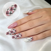 Faux ongles à presser en gros, motif Argyle à carreaux, forme amande, rose nude, réutilisables, avec logo personnalisé, pour le bureau