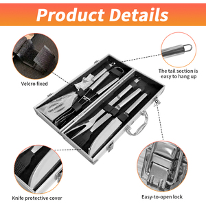 Cadeaux pour oncles et neveux : Kit d'accessoires de barbecue robustes pour jardin, ustensiles de grillade en acier inoxydable épais avec manches en bois - Product Image 3