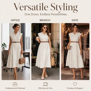 <span class=keywords><strong>Robe</strong></span> midi élégante et décontractée <span class=keywords><strong>beige</strong></span> sans manches <span class=keywords><strong>pour</strong></span> <span class=keywords><strong>femme</strong></span>, coupe ajustée à la taille, avec <span class=keywords><strong>ceinture</strong></span>, col en V, style A-line, idéale <span class=keywords><strong>pour</strong></span> les fêtes ou le bureau - Product Image 5