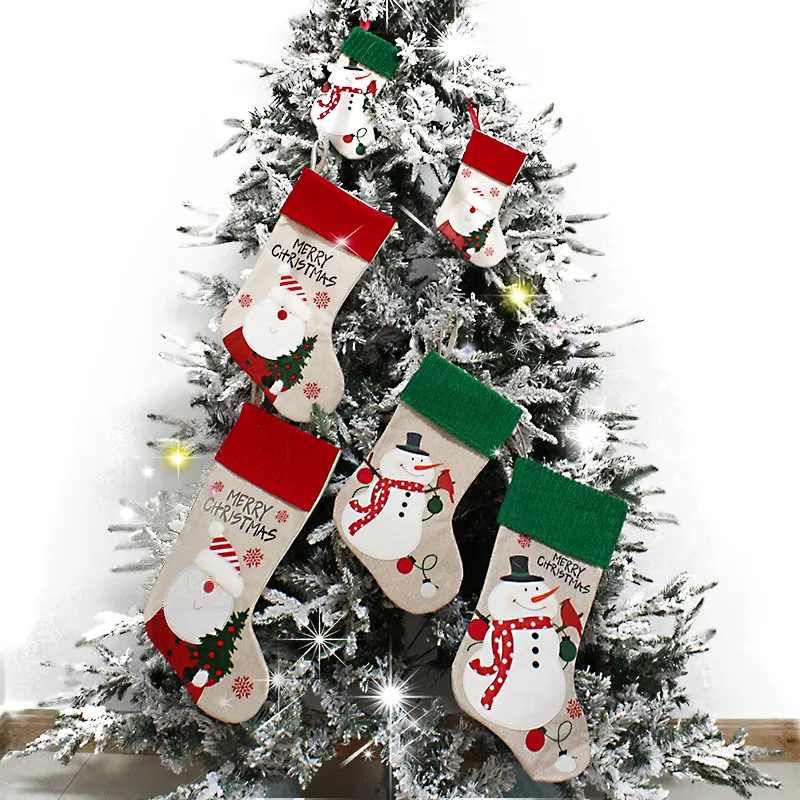 Wholesale Xmas Stocking Knitted Cuff Appliqued Linen Christmas socks Decoration For Xmas Tree Hanging