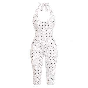 Anjie Custom Logo OEM ODM Private Label Bespoke OEKO TEX BSCI Polka Dot Halter Bow Backless Capri <strong>Jumpsuit</strong> Women Manufacturer - Product Image 1