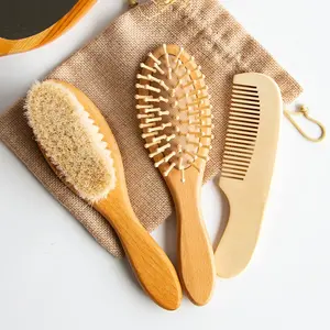 Gloway Oem 3Pcs Eco-Friendly Toddlers Natural Goat Hair Wood Cradle Cap Brush Baby Hair Brush and Comb Set For Newborns