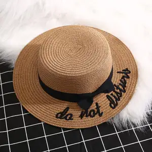 女性OVersizedHandmade Summer Bow-knot Embroidery Letter Big Brim Sunscreen Round Ladies Beach Cap Pannama Fedora Straw Hat