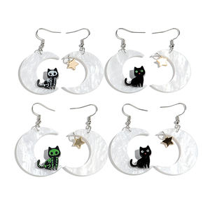 Moda komik karikatür yavru yıldız ay kolye küpe asimetrik cadılar bayramı iskelet siyah kedi akrilik damla küpe - Product Image 1
