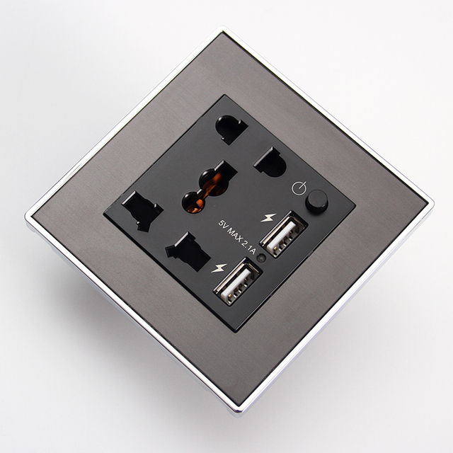 Modular 3-pin Universal + 2-pin Power Supply Smart Hotel Home Use Electrical Wall Socket with Wall-mounted 2 USB Charging Outlet