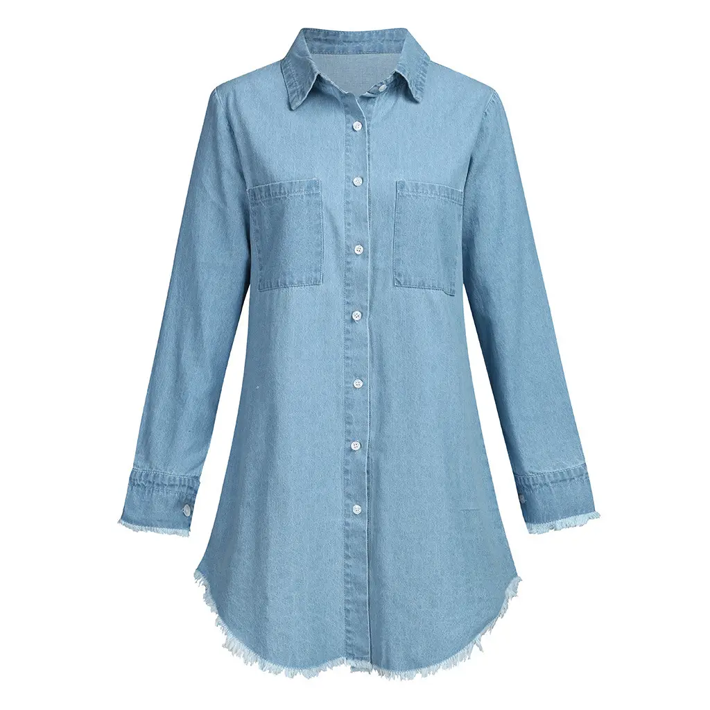 Women's tassel trim Long Sleeve button down long Denim Shirt