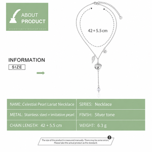 Collier Lariat Perle Céleste en Acier Inoxydable avec Breloques Imitation Perle, Aile d'Étoile et Coquillage Or et Argent - Product Image 2