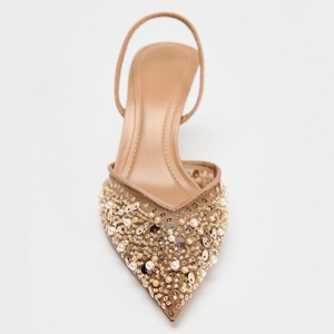 Zapatos DEleventh ZA con Adornos de Cuentas, Parte Superior de Malla, Tacón de Aguja de Perfil Bajo y Punta Puntiaguda, Estilo Mules - Product Image 2