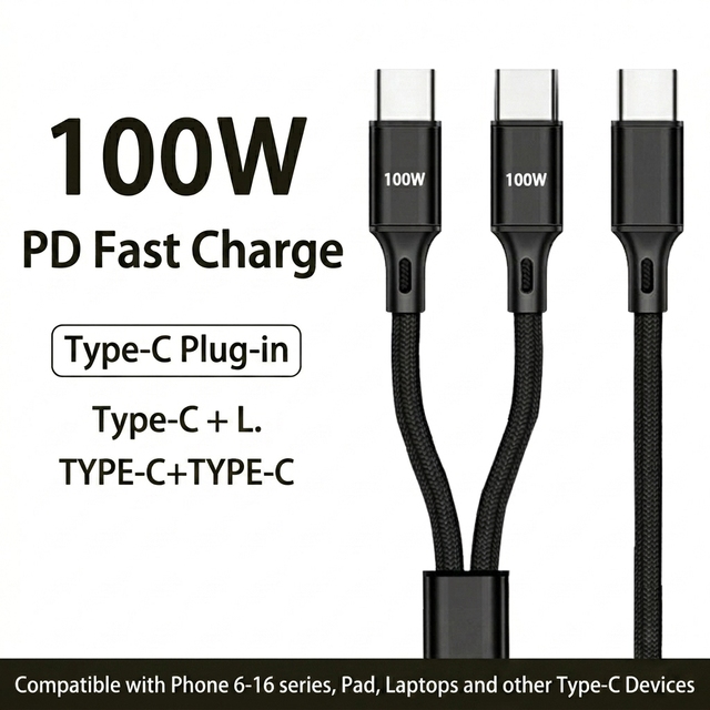 2-in-1 100W 1.2m Fast Charging USB-C Type-C Male to Male Cable USB C Splitter Adapter Mobile Phones Nylon Braided Charging Cable