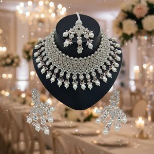 Parure de bijoux ethniques en laiton plaqué platine et zircon, collier ras-du-cou et boucles d'oreilles pendantes, cadeau de mariage de haute qualité - Product Image 3