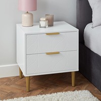 Table de chevet scandinave blanche avec 2 tiroirs, motif feuille sculpté, poignées barre dorée, pieds coniques, OEM ODM