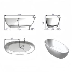 Bañera Moderna y Confortable de Piedra Artificial, Superficie Sólida, Independiente, para Baño Interior, Forma Ovalada, con Desagüe - Product Image 6