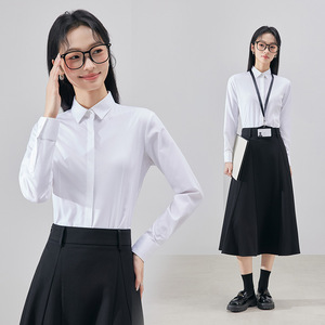 Women's White Long Sleeve Shirt Solid Color Poplin <b>Work</b> Uniform Professional Elegant Commuter Blouse Spring Autumn - Product Image 1