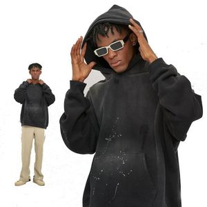 Custom LOGO Spray Dyed Hoodies Winter Solid Color Blank Fleece Dirty Monkey Washed Cotton Thick 500Gsm Heavy Weight <b>for</b> Men - Product Image 4