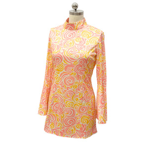 Conjunto de Disfraz Hippie de los 70 para Mujer, Vestido Mini con Mangas Campana, Estampado en Espiral Rosa y Amarillo, para Festival de Música o Espectáculo - Product Image 3