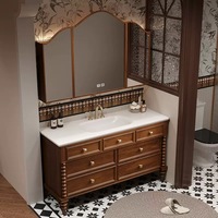Kabinet Kamar Mandi Modern Tahan Air Terpasang di Dinding dengan Cermin LED dan Wastafel Keramik untuk Proyek Hotel & Villa