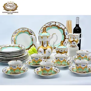 24 piezas personalizadas 24K en relieve de oro de alta calidad de porcelana de color verde tetera café taza de té juego de café