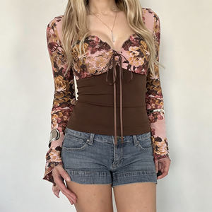 Vintage Patchwork Butterfly Floral Print <b>Knitted</b> Flare <b>Sleeve</b> <b>Top</b> for Women Sexy Slim Fit V-Neck Long <b>Sleeve</b> <b>Top</b> - Product Image 5