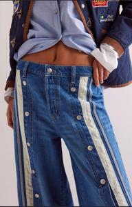 Jeans Larghi da <span class=keywords><strong>Donna</strong></span> <span class=keywords><strong>con</strong></span> <span class=keywords><strong>Bottoni</strong></span> <span class=keywords><strong>Laterali</strong></span> a Pressione, Stile Retrò Anni '90 <span class=keywords><strong>con</strong></span> Strisce a Contrasto, <span class=keywords><strong>Pantaloni</strong></span> in Denim Popper, Misto Cotone, Vestibilità Ampia - Product Image 2