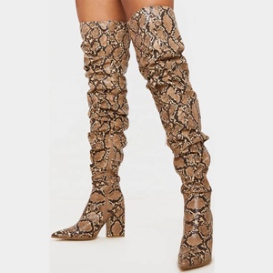 Bottes hautes pour femmes à imprimé peau de serpent marron, grande taille 43, bottes cuissardes à effet empilé, bottes à talons aiguilles - Product Image 3