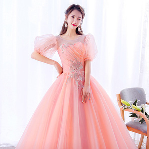 Pink Evening Gown With Off Shoulder Design Puff Sleeves Long Skirt Stage Performance Women's Dress - Product Image 2
