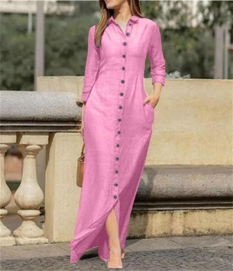 Gaun Polo kardigan lengan panjang wanita, gaun Linen katun panjang warna polos modis elegan dan modis Musim Panas 2024