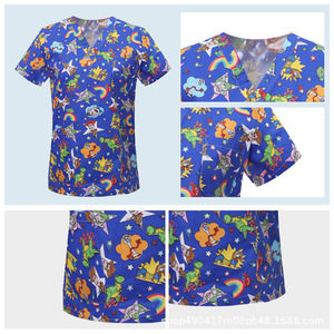 Women's V-Neck <b>Scrub</b> <b>Top</b> 95% Cotton 5% Spandex Elastic Fabric Hospital Uniform Short Sleeve Plus Size - Product Image 2