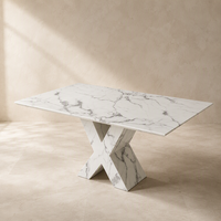 Table à manger moderne en marbre artificiel blanc avec pieds en X pour villa, hôtel et restaurant - Meubles personnalisables