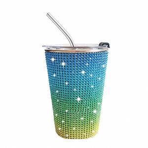 Vaso de acero inoxidable de 17 oz con tapa y pajita, botella de agua decorada con diamantes de imitación y brillantes para mujer - Product Image 2
