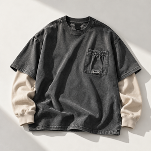 T-shirt Homme Personnalisé 100% Coton Effet Deux Pièces Col Rond Manches Longues Superposées avec Poche OEM ODM Vente en Gros - Product Image 5